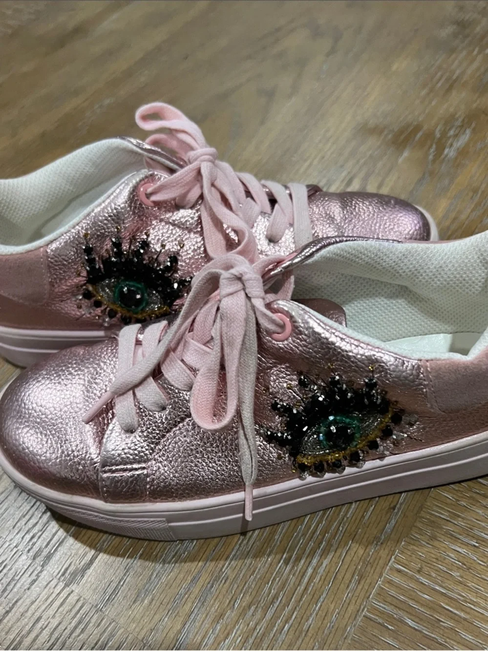 Kurt Geiger Pink Metallic Eye-Embellished Kids Sneakers